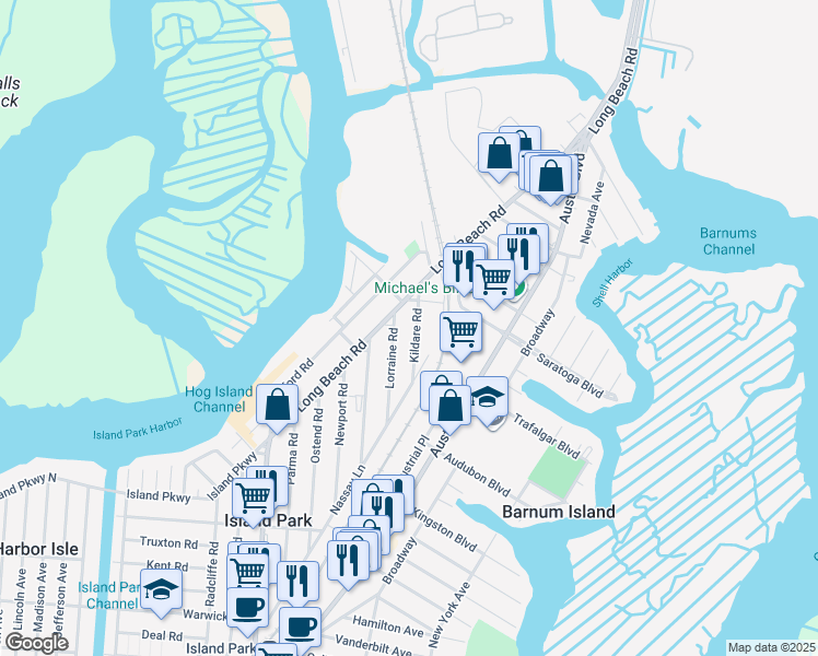 map of restaurants, bars, coffee shops, grocery stores, and more near 28 Kildare Road in Island Park