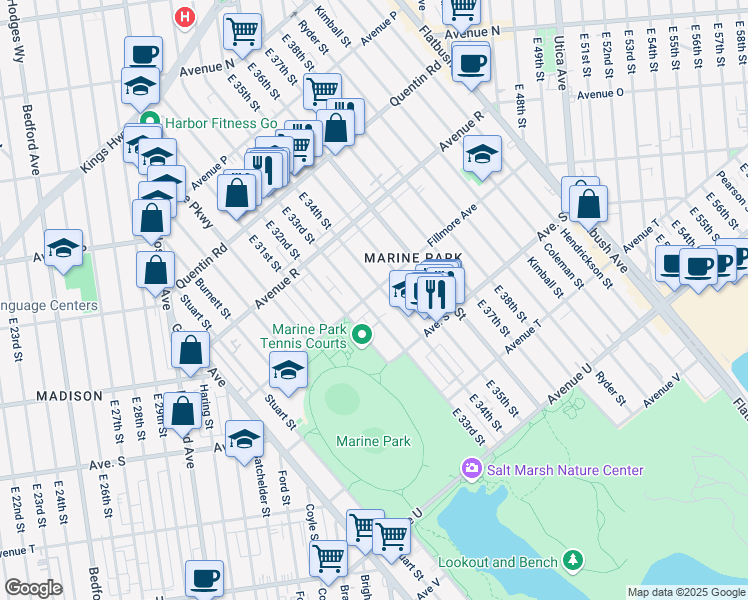 map of restaurants, bars, coffee shops, grocery stores, and more near 1918 East 33rd Street in Brooklyn