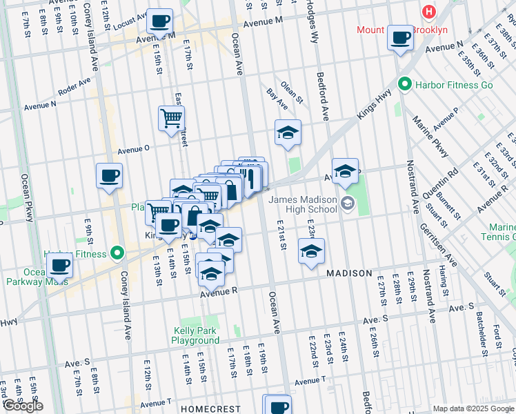 map of restaurants, bars, coffee shops, grocery stores, and more near 2145 Ocean Avenue in Brooklyn