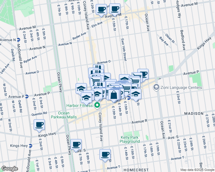 map of restaurants, bars, coffee shops, grocery stores, and more near 1624 East 13th Street in Brooklyn