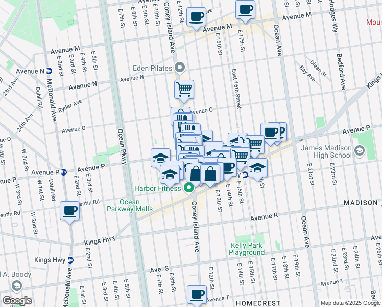 map of restaurants, bars, coffee shops, grocery stores, and more near 1957 Coney Island Avenue in Brooklyn