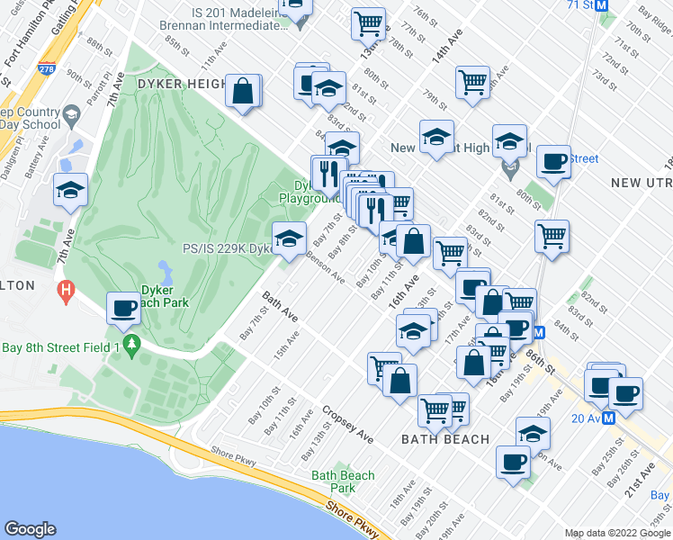 map of restaurants, bars, coffee shops, grocery stores, and more near 8691 15th Avenue in Brooklyn