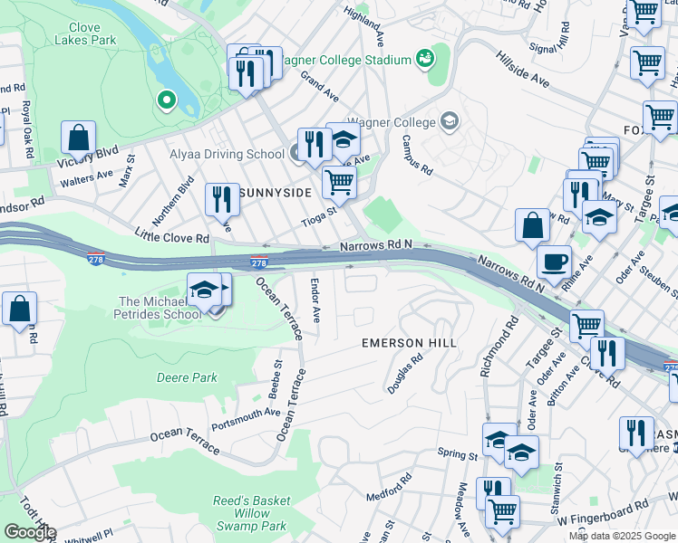 map of restaurants, bars, coffee shops, grocery stores, and more near 26 Hewitt Avenue in Staten Island