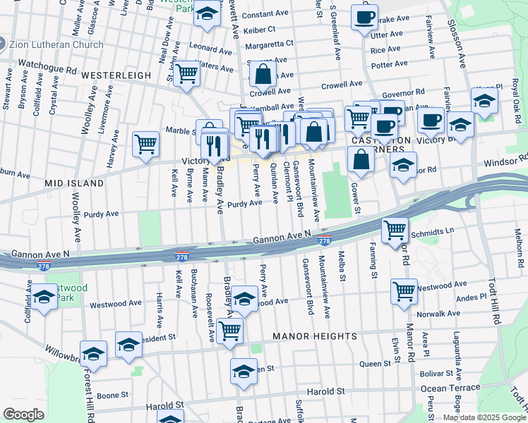 map of restaurants, bars, coffee shops, grocery stores, and more near 112 Perry Avenue in Staten Island