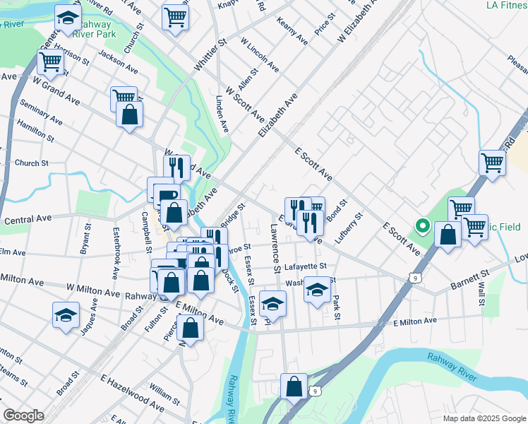 map of restaurants, bars, coffee shops, grocery stores, and more near 1727 Essex Street in Rahway