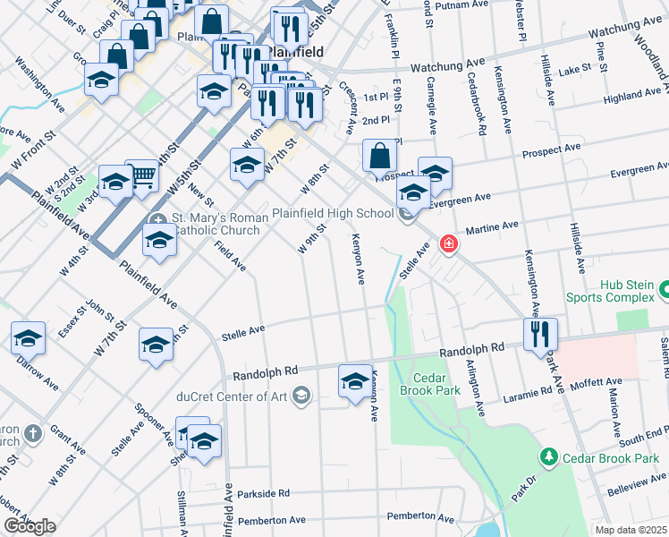 map of restaurants, bars, coffee shops, grocery stores, and more near 952 Kenyon Avenue in Plainfield