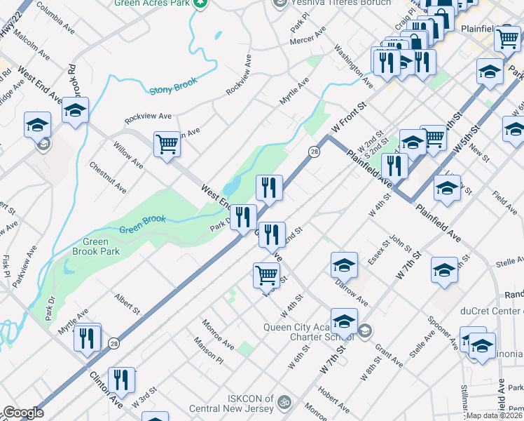 map of restaurants, bars, coffee shops, grocery stores, and more near 766 West Front Street in Plainfield