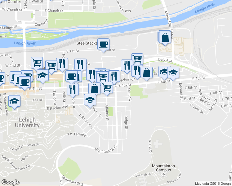 map of restaurants, bars, coffee shops, grocery stores, and more near 836 East 5th Street in Bethlehem