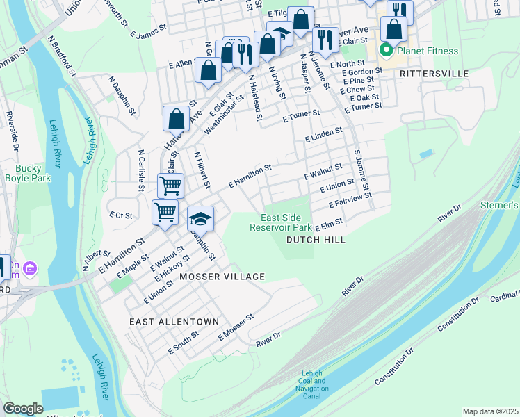 map of restaurants, bars, coffee shops, grocery stores, and more near 701 South Grape Street in Allentown