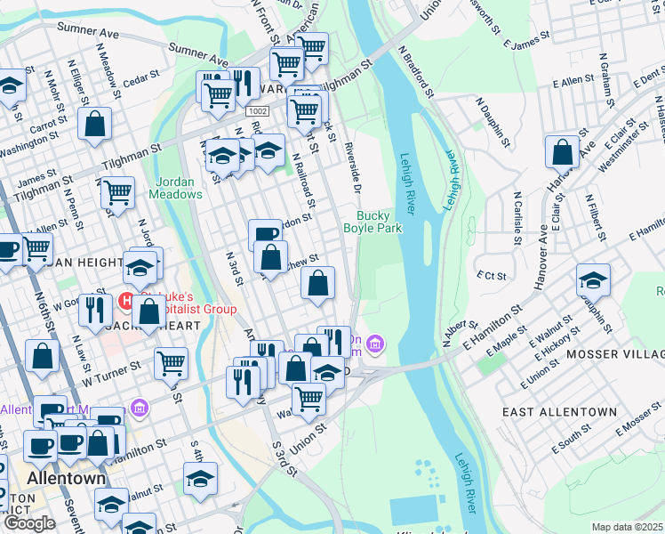 map of restaurants, bars, coffee shops, grocery stores, and more near 233 1/2 North Railroad Street in Allentown