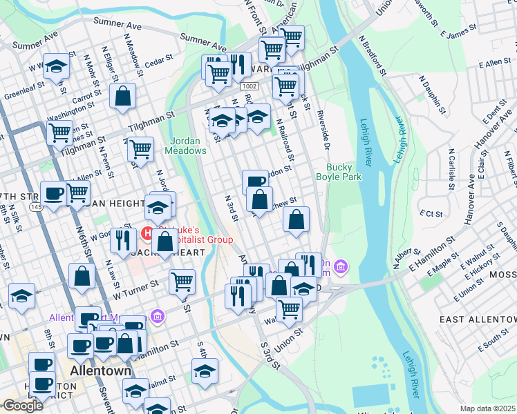map of restaurants, bars, coffee shops, grocery stores, and more near 246 North 2nd Street in Allentown