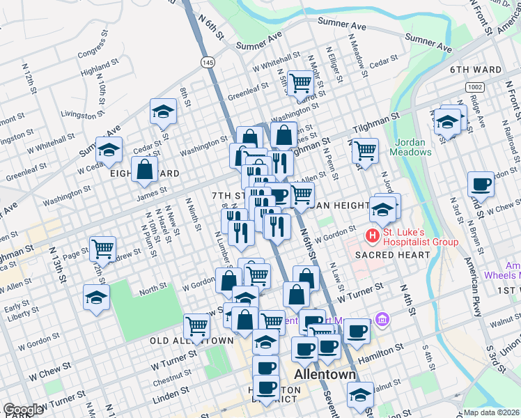map of restaurants, bars, coffee shops, grocery stores, and more near 540 North 7th Street in Allentown
