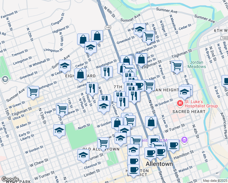 map of restaurants, bars, coffee shops, grocery stores, and more near 826 Allen Street in Allentown