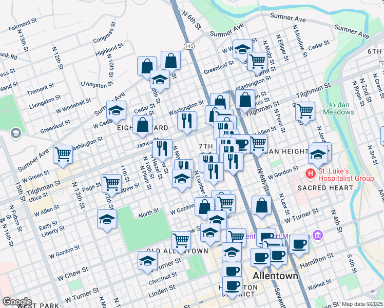 map of restaurants, bars, coffee shops, grocery stores, and more near 826 Allen Street in Allentown