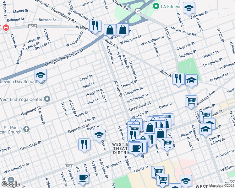 map of restaurants, bars, coffee shops, grocery stores, and more near 1916 Livingston Street in Allentown