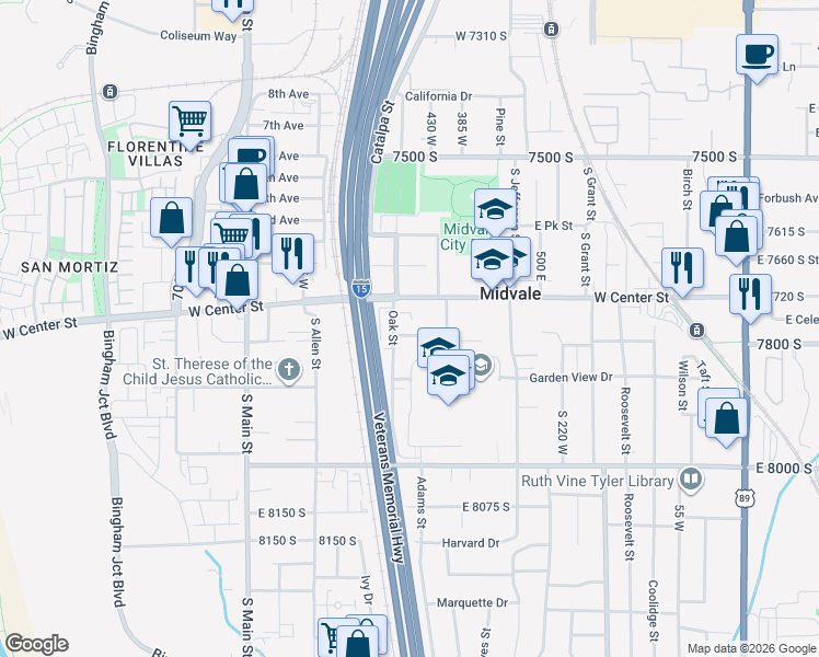 map of restaurants, bars, coffee shops, grocery stores, and more near 456 Alta View Drive in Midvale