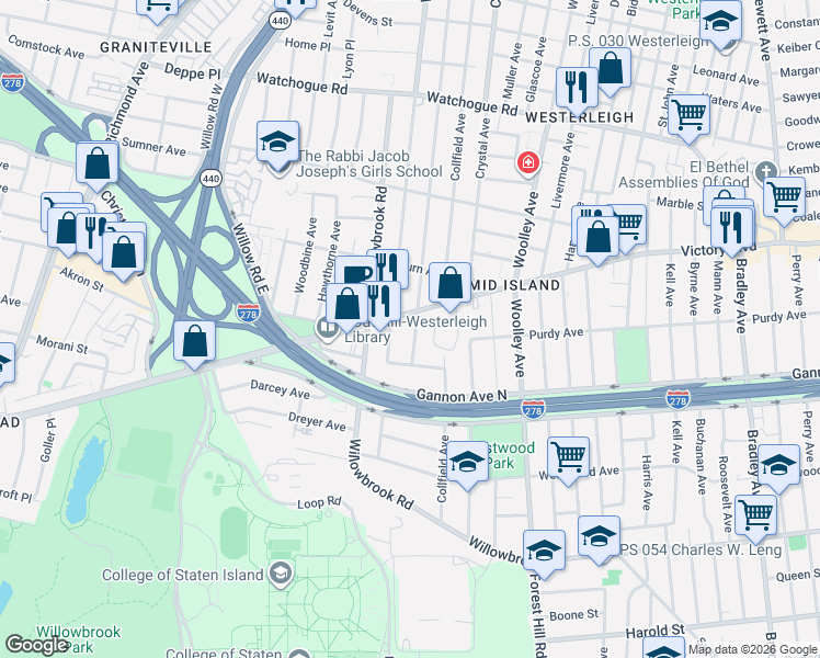 map of restaurants, bars, coffee shops, grocery stores, and more near 442 Decatur Avenue in Staten Island