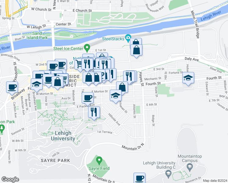 map of restaurants, bars, coffee shops, grocery stores, and more near 612 East Morton Street in Bethlehem