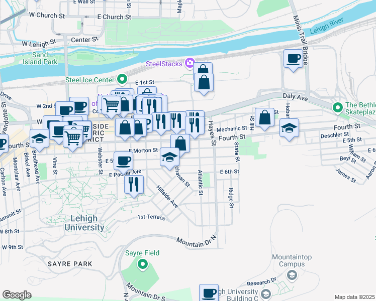 map of restaurants, bars, coffee shops, grocery stores, and more near 728 East Morton Street in Bethlehem