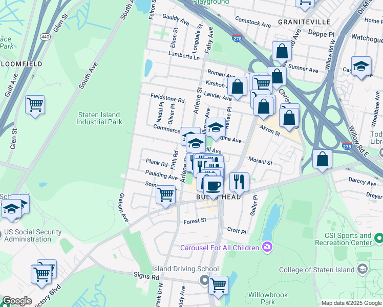 map of restaurants, bars, coffee shops, grocery stores, and more near 315 Arlene Street in Staten Island