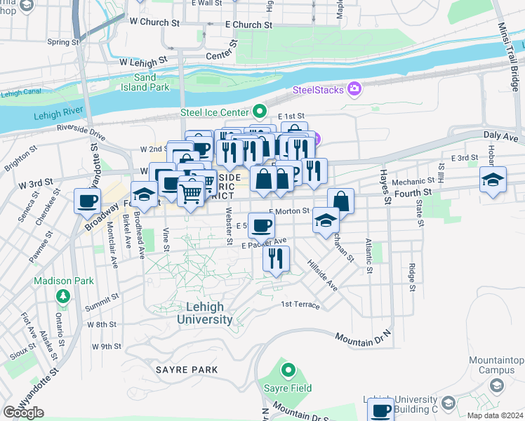 map of restaurants, bars, coffee shops, grocery stores, and more near 317 East Morton Street in Bethlehem