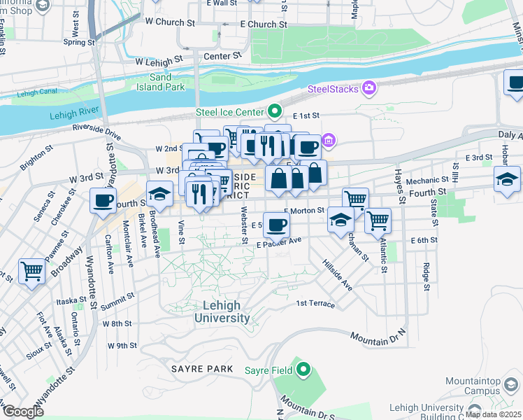map of restaurants, bars, coffee shops, grocery stores, and more near 415 Taylor Street in Bethlehem