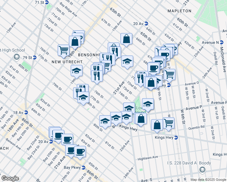 map of restaurants, bars, coffee shops, grocery stores, and more near 7402 21st Avenue in Brooklyn