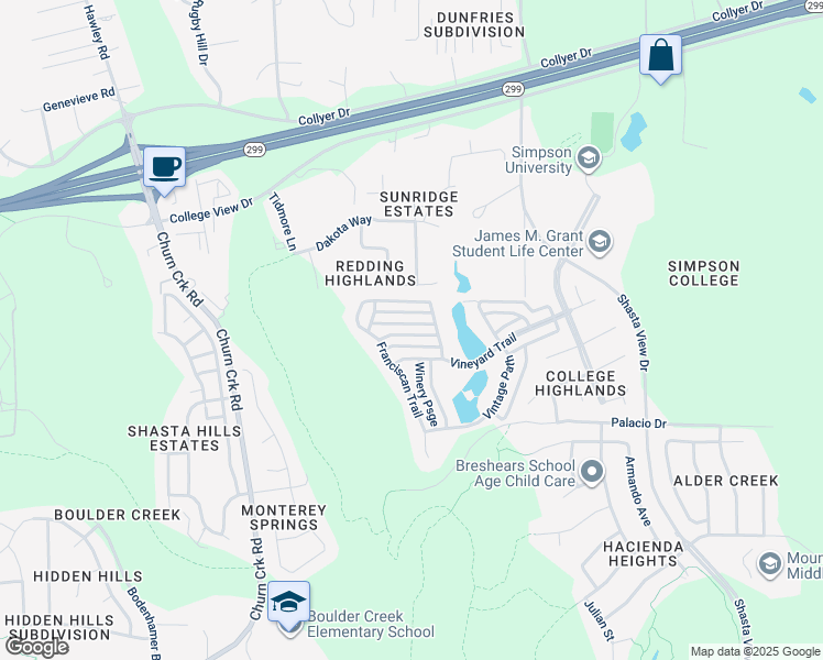 map of restaurants, bars, coffee shops, grocery stores, and more near 1754 Capistrano Walk in Redding
