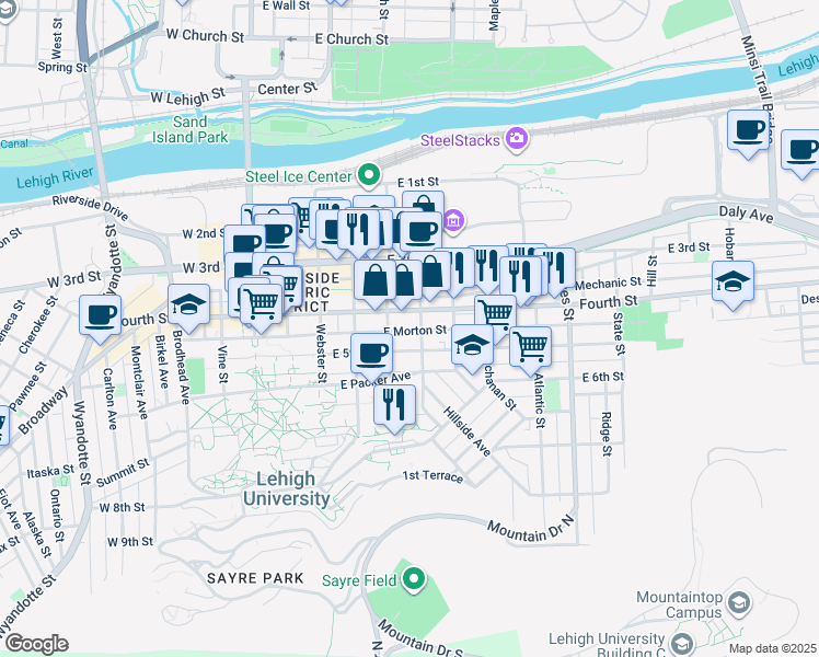 map of restaurants, bars, coffee shops, grocery stores, and more near 421 E Morton St in Bethlehem