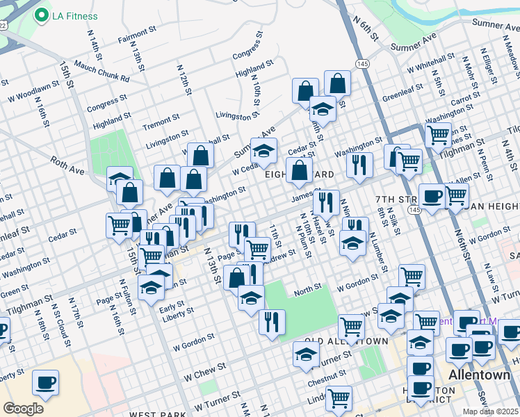 map of restaurants, bars, coffee shops, grocery stores, and more near 718 North 11th Street in Allentown