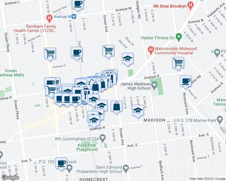 map of restaurants, bars, coffee shops, grocery stores, and more near 1661 East 19th Street in Brooklyn