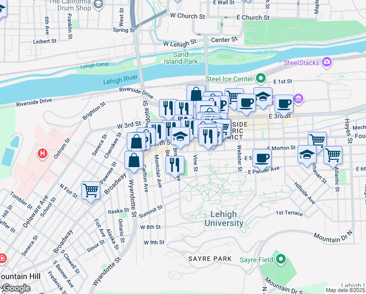 map of restaurants, bars, coffee shops, grocery stores, and more near 121 West Morton Street in Bethlehem