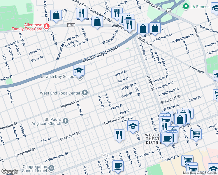 map of restaurants, bars, coffee shops, grocery stores, and more near 2139 West Highland Street in Allentown