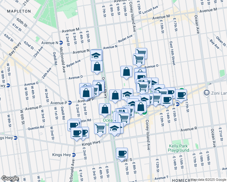 map of restaurants, bars, coffee shops, grocery stores, and more near 1690 East 7th Street in Brooklyn