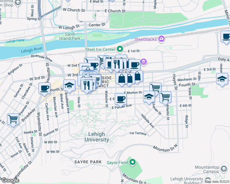 map of restaurants, bars, coffee shops, grocery stores, and more near 415 Taylor Street in Bethlehem