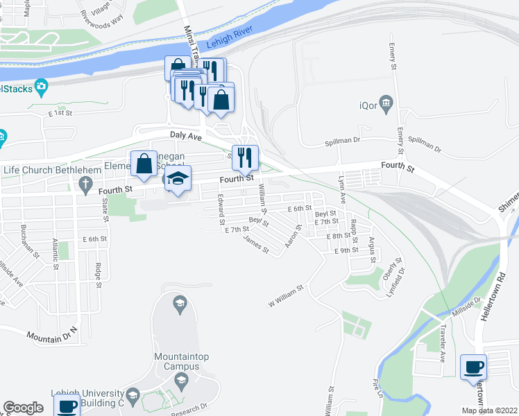 map of restaurants, bars, coffee shops, grocery stores, and more near 1355 East 6th Street in Bethlehem