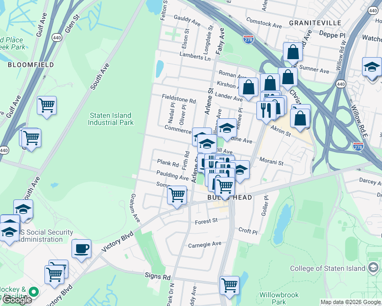 map of restaurants, bars, coffee shops, grocery stores, and more near 37 Firth Road in Staten Island
