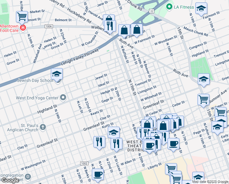 map of restaurants, bars, coffee shops, grocery stores, and more near 1001 North 20th Street in Allentown