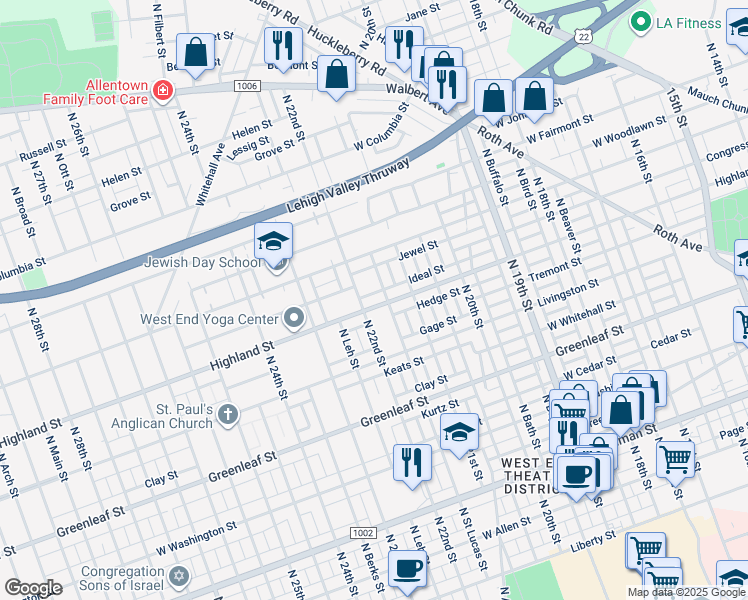 map of restaurants, bars, coffee shops, grocery stores, and more near 2139 West Highland Street in Allentown