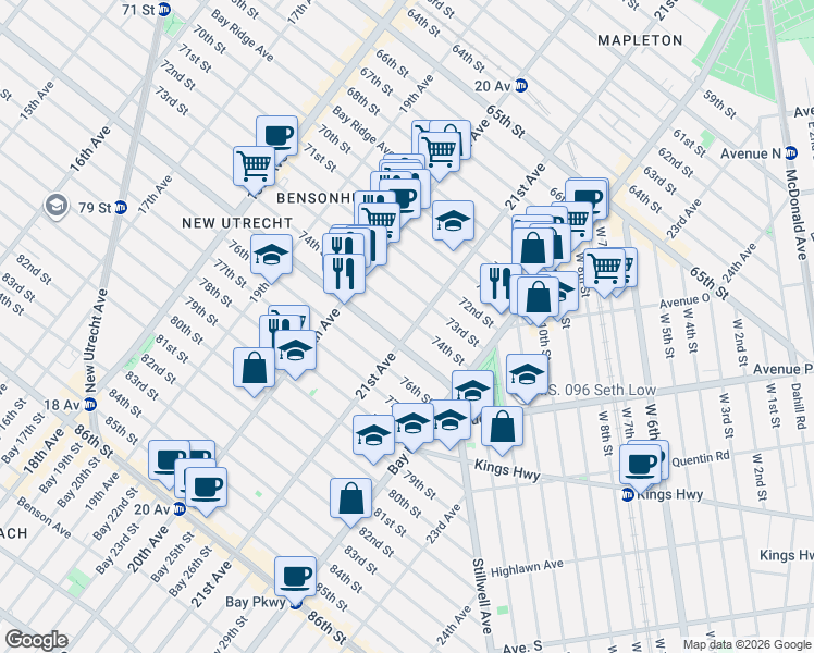 map of restaurants, bars, coffee shops, grocery stores, and more near 7402 21st Avenue in Brooklyn