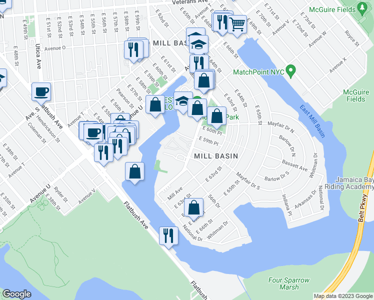 map of restaurants, bars, coffee shops, grocery stores, and more near 6103 Strickland Avenue in Brooklyn