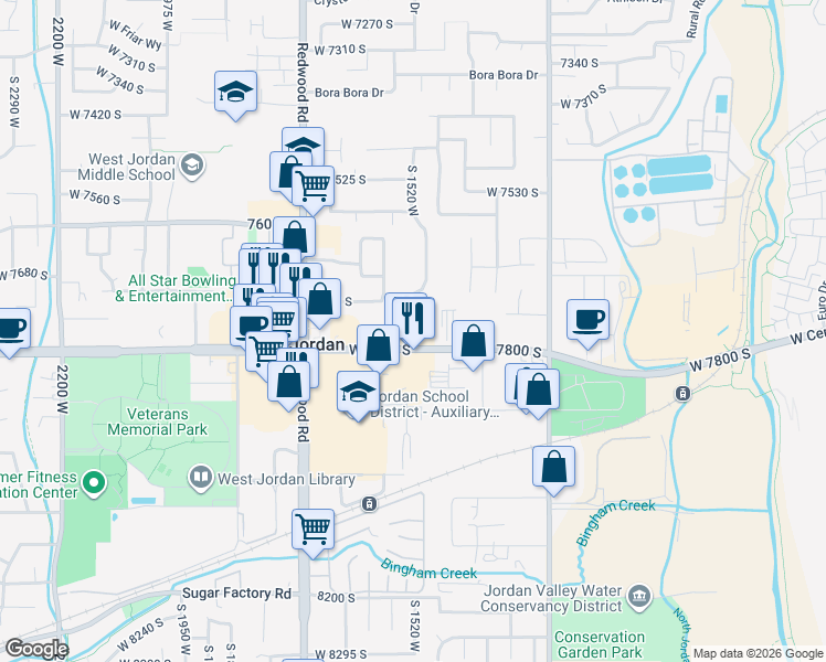 map of restaurants, bars, coffee shops, grocery stores, and more near 1478 7800 South in West Jordan