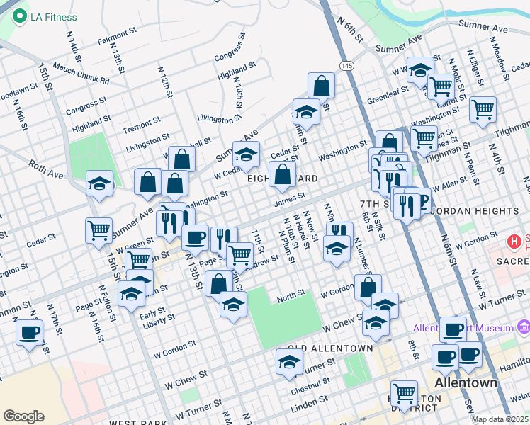 map of restaurants, bars, coffee shops, grocery stores, and more near 639 North Howard Street in Allentown
