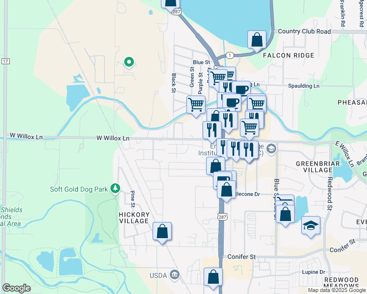 map of restaurants, bars, coffee shops, grocery stores, and more near 225 Green Leaf Street in Fort Collins