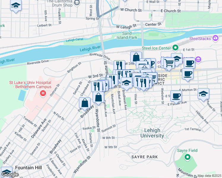 map of restaurants, bars, coffee shops, grocery stores, and more near 301 Broadway in Bethlehem