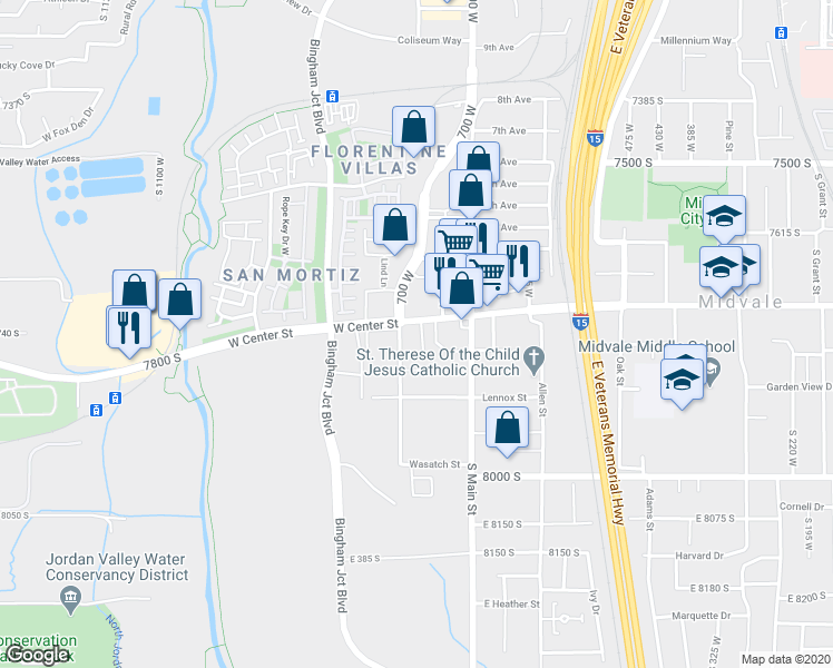 map of restaurants, bars, coffee shops, grocery stores, and more near 7815 South Cooper Street in Midvale