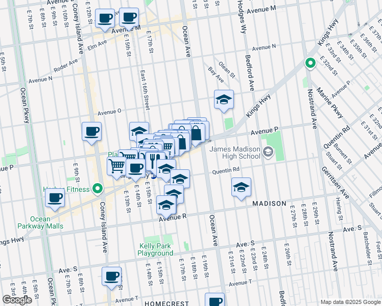 map of restaurants, bars, coffee shops, grocery stores, and more near 1661 East 19th Street in Brooklyn