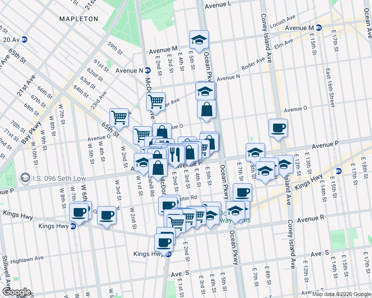 map of restaurants, bars, coffee shops, grocery stores, and more near 462 Avenue P in Brooklyn