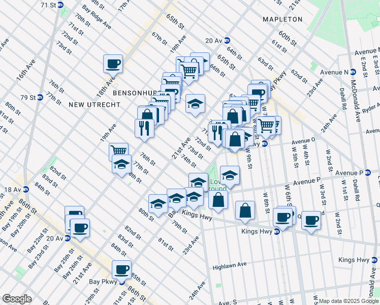 map of restaurants, bars, coffee shops, grocery stores, and more near 2149 74th Street in Brooklyn