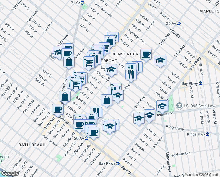 map of restaurants, bars, coffee shops, grocery stores, and more near 1939 79th Street in Brooklyn